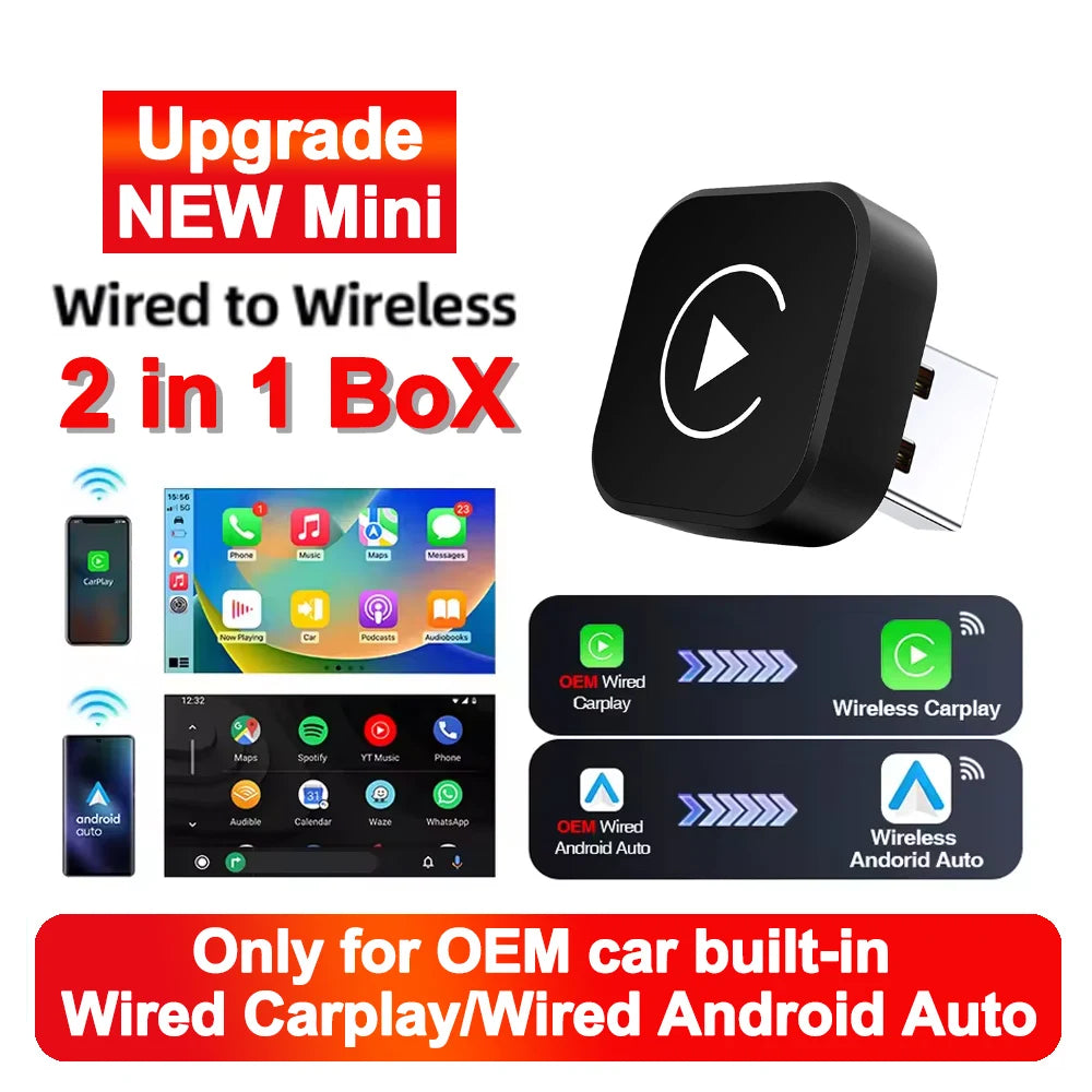 Adaptador Inalámbrico CarPlay y Android Auto Mini AI Box USB Plug and Play para Radio de Automóvil