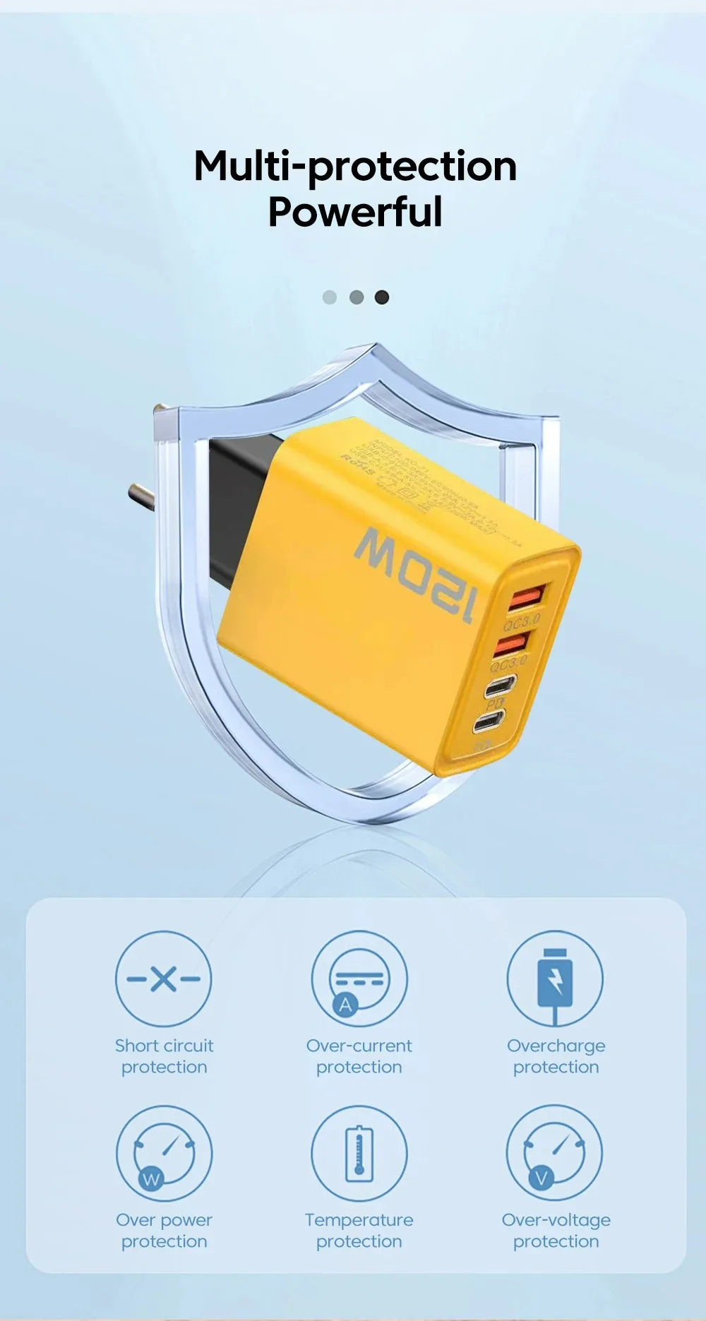 Cargador USB de pared con 4 puertos (1x USB-C PD, 3x USB-A QC 3.0) para teléfonos y dispositivos electrónicos