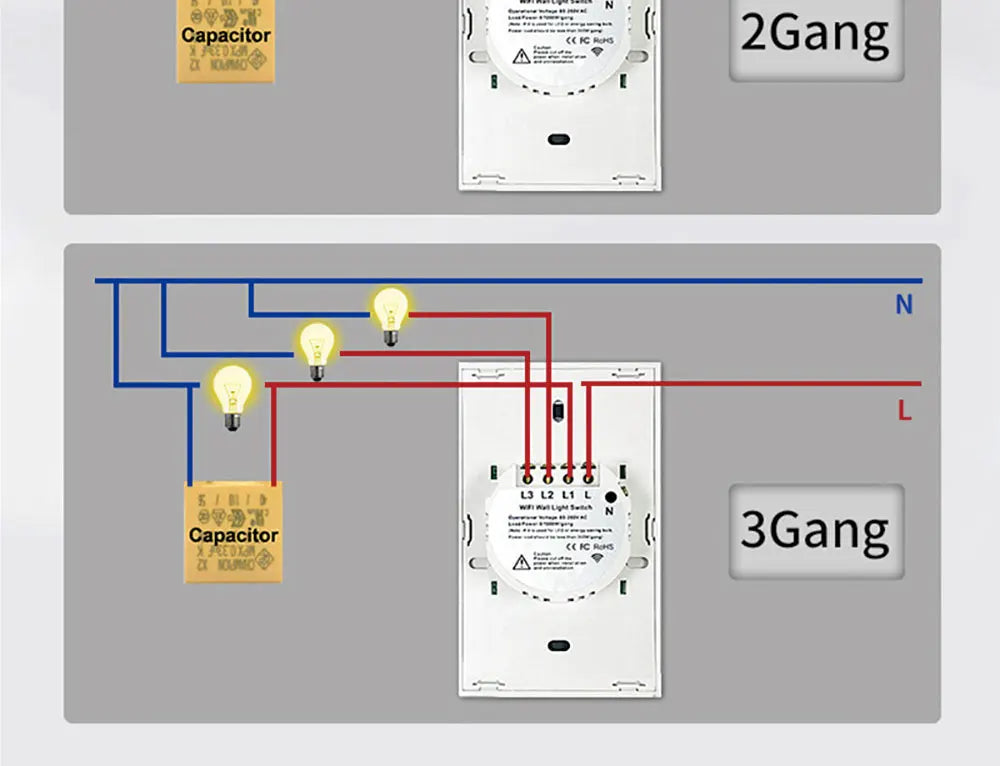 Interruptor de Pared Inteligente WiFi RF433 con Sensor Táctil para Luz LED, Sin Cable Neutro, Compatible con Alexa y Google Home