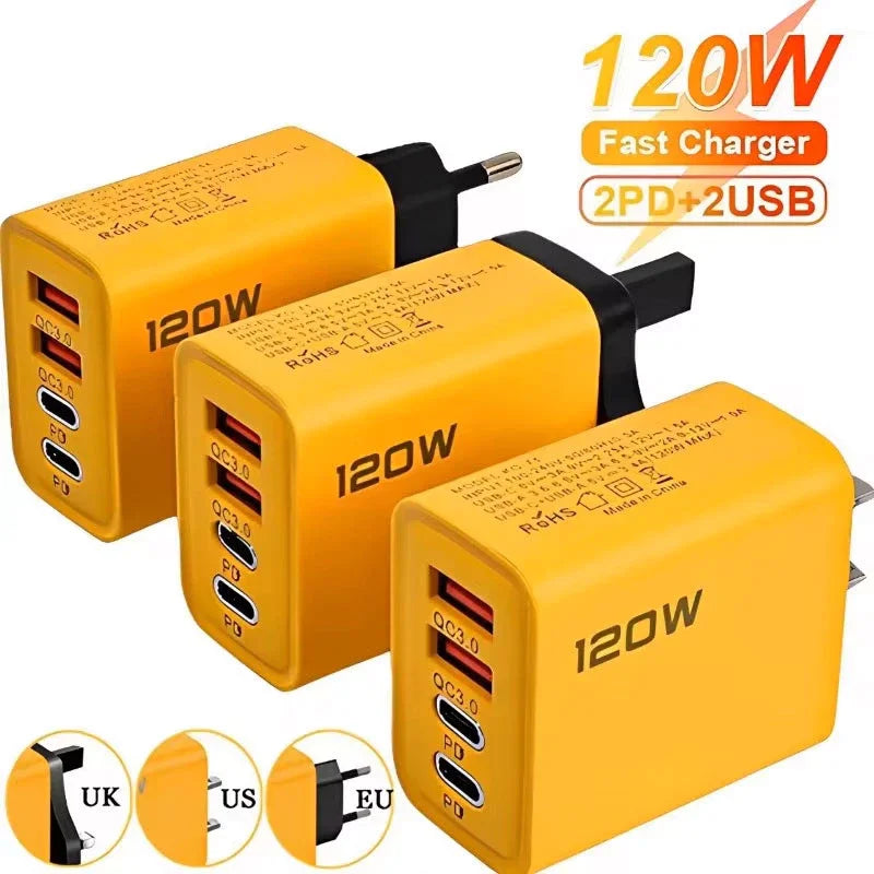 Cargador USB de pared con 4 puertos (1x USB-C PD, 3x USB-A QC 3.0) para teléfonos y dispositivos electrónicos