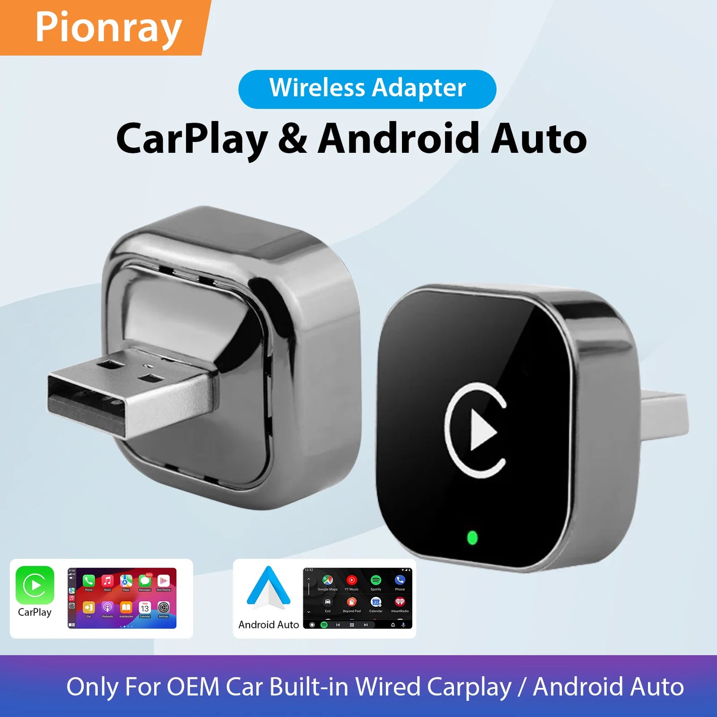 Adaptador Inalámbrico 2 en 1 CarPlay y Android Auto, 5GHz WiFi, USB/Tipo-C Plug and Play