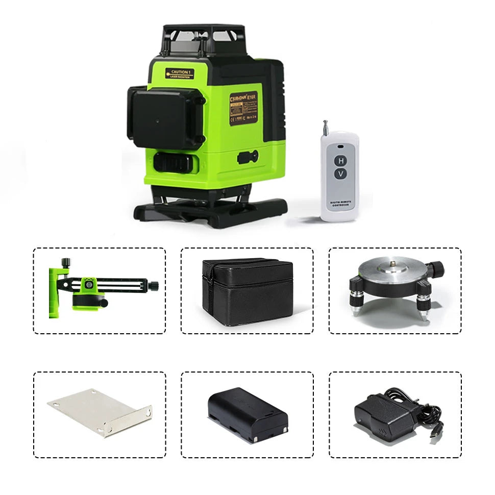 Self-Leveling 4D Green Laser Level by CLUBIONA - 16 Lines, Pulse Mode, 5000mAh Battery, w/Remote