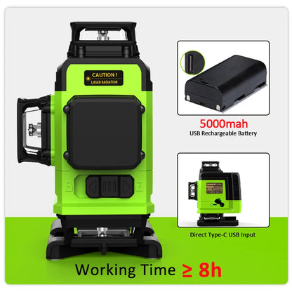 Self-Leveling 4D Green Laser Level by CLUBIONA - 16 Lines, Pulse Mode, 5000mAh Battery, w/Remote