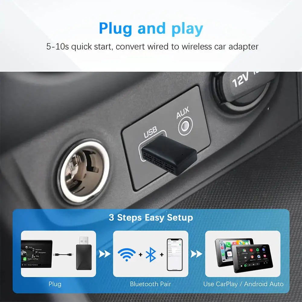 Adaptador Inalámbrico CarPlay y Android Auto Mini AI Box USB Plug and Play para Radio de Automóvil