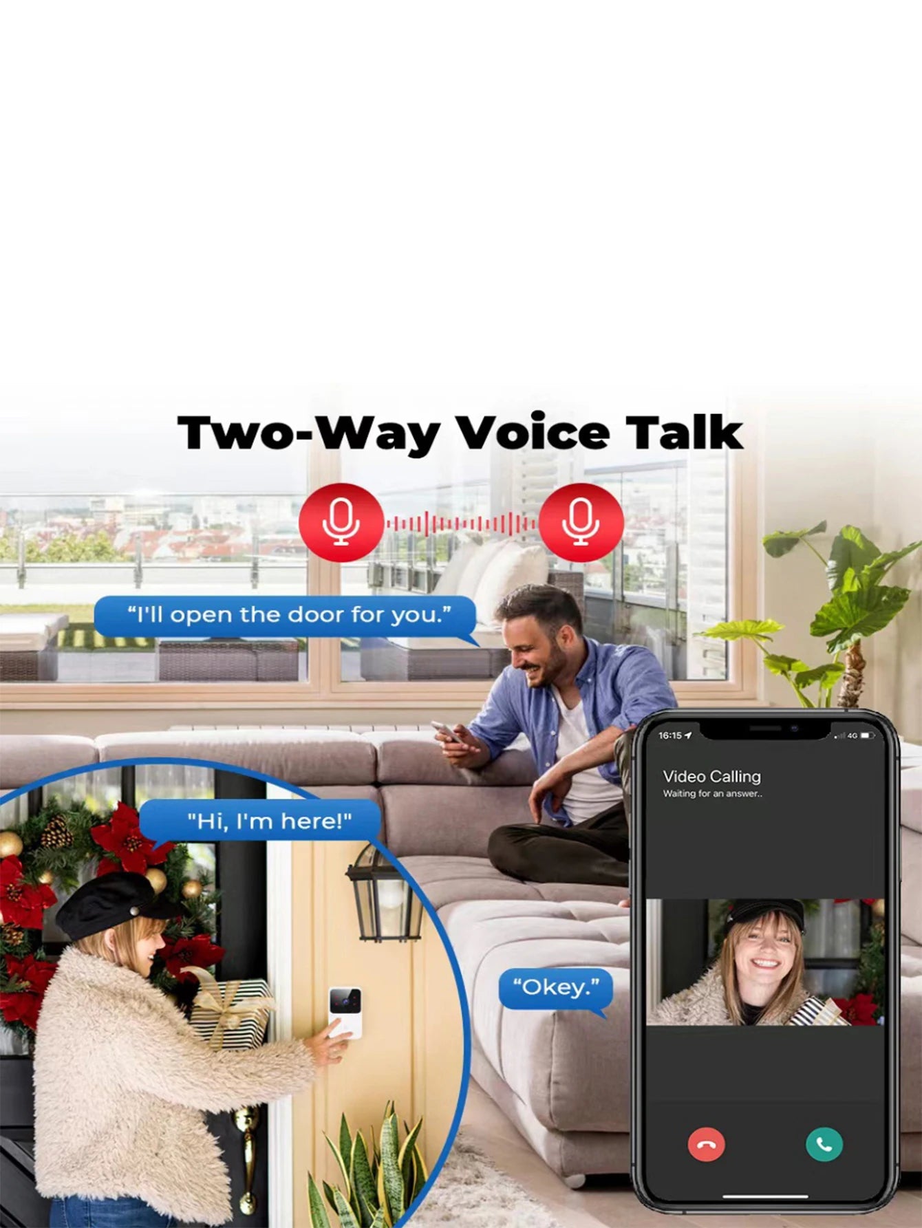Timbre Inalámbrico con Video, Visión Nocturna HD, Batería Recargable y Función Intercomunicador