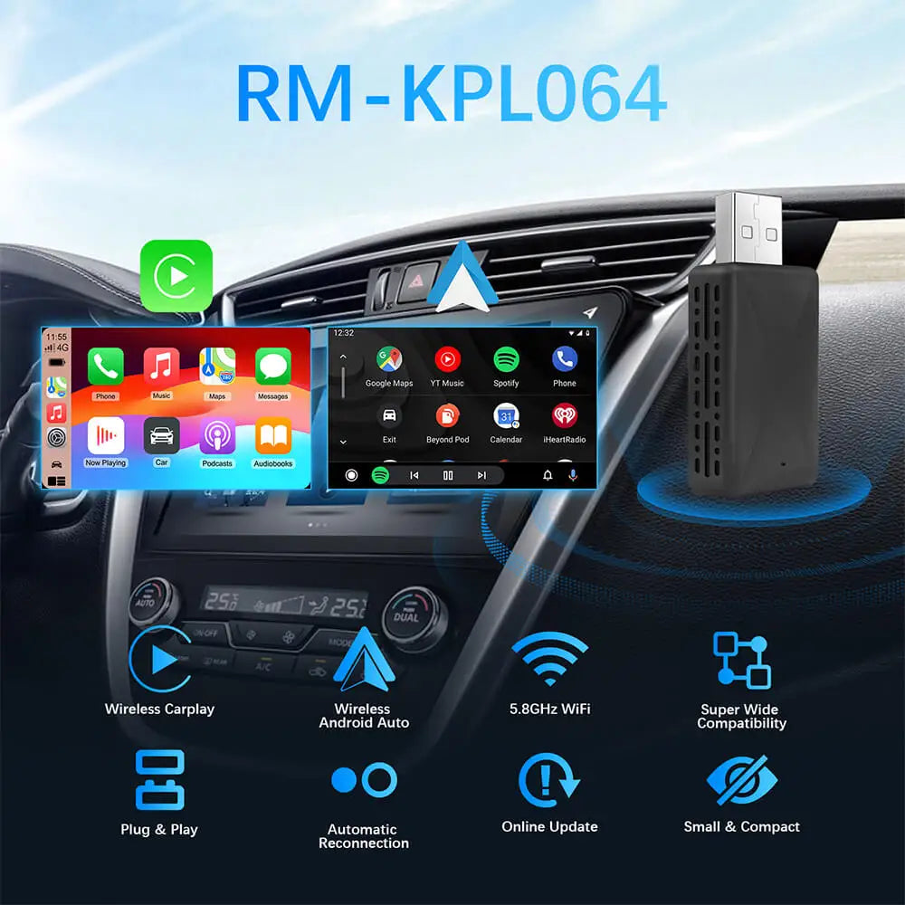 Adaptador Inalámbrico CarPlay y Android Auto Mini AI Box USB Plug and Play para Radio de Automóvil