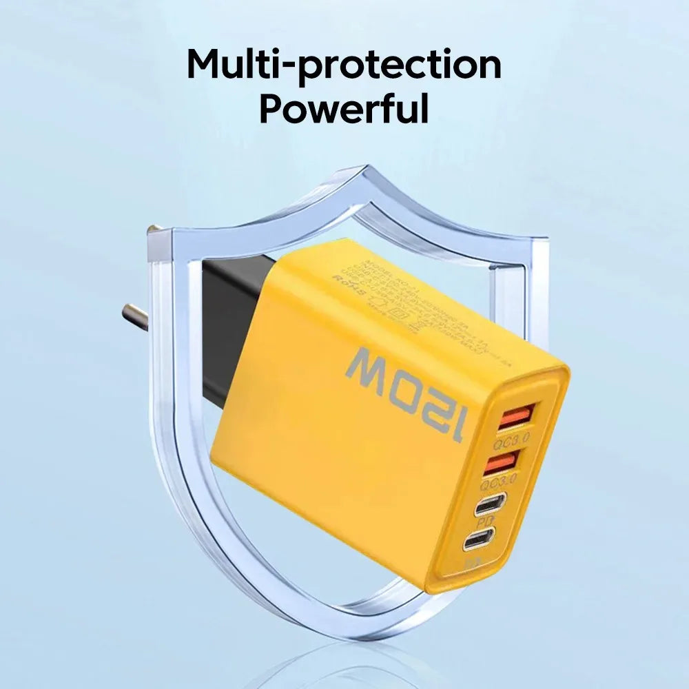 Cargador USB de pared con 4 puertos (1x USB-C PD, 3x USB-A QC 3.0) para teléfonos y dispositivos electrónicos