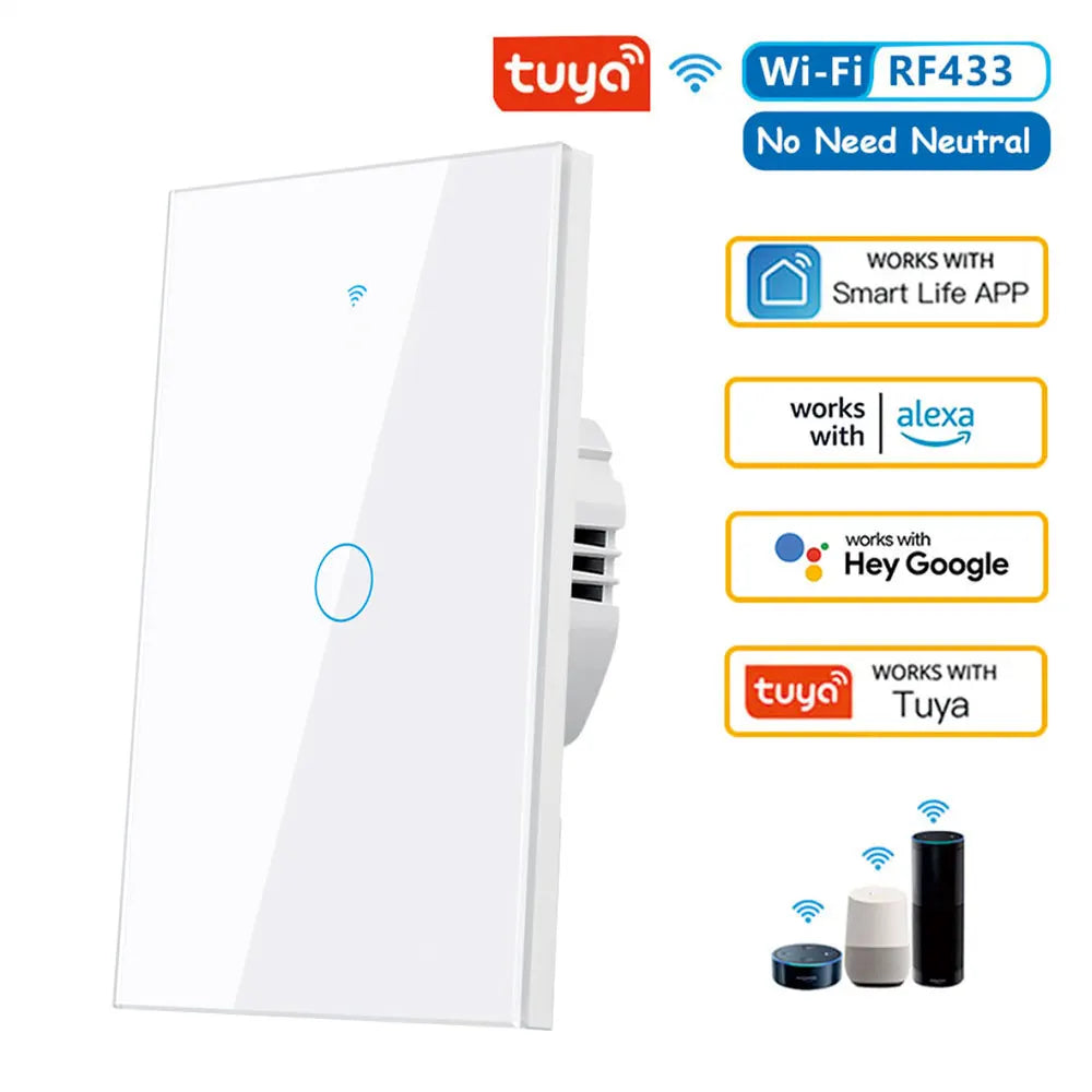 Interruptor de Pared Inteligente WiFi RF433 con Sensor Táctil para Luz LED, Sin Cable Neutro, Compatible con Alexa y Google Home