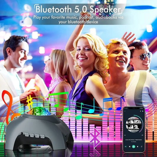 Proyector de Galaxias y Estrellas con Parlante Bluetooth, Ruido Blanco y Efecto Aurora, Color Gris
