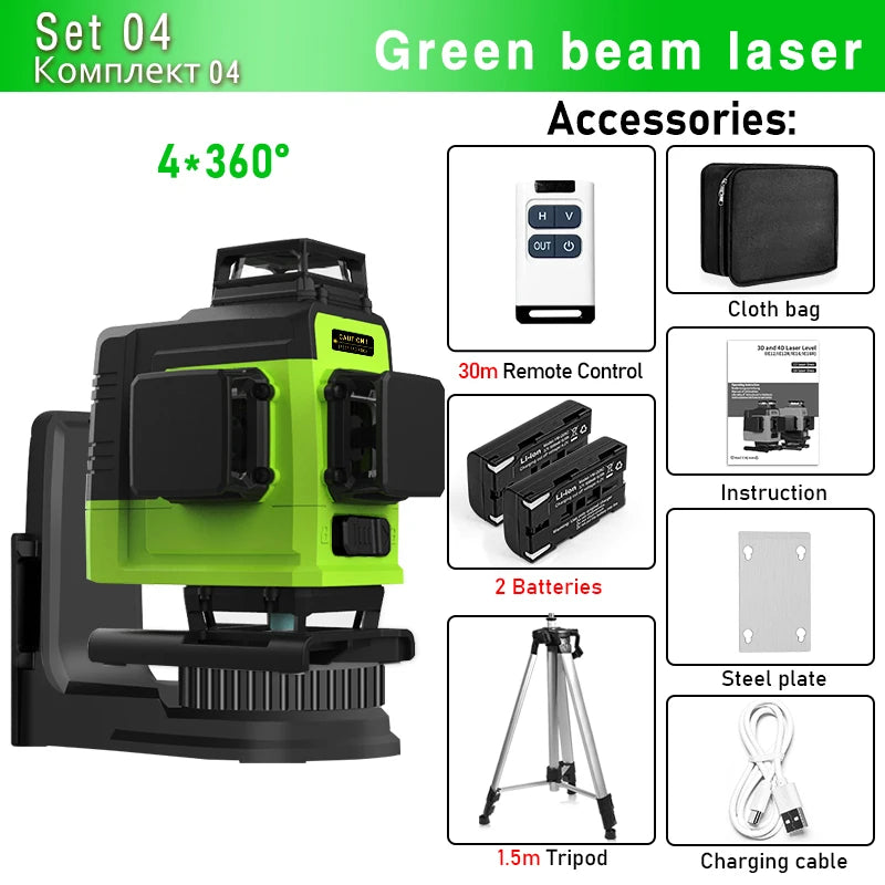 Self-Leveling 4D Green Laser Level by CLUBIONA - 16 Lines, Pulse Mode, 5000mAh Battery, w/Remote