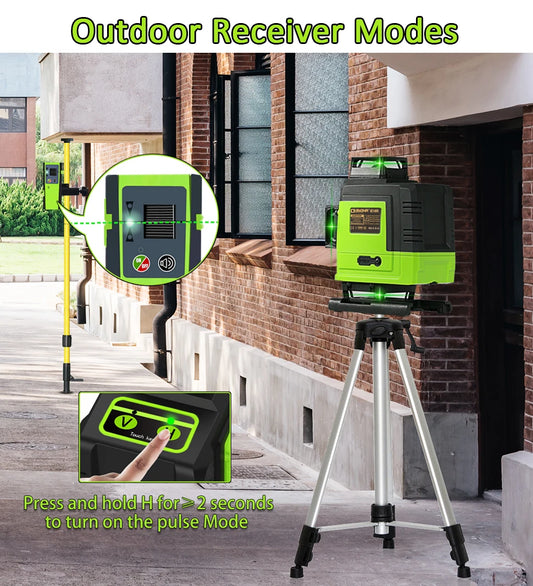 Self-Leveling 4D Green Laser Level by CLUBIONA - 16 Lines, Pulse Mode, 5000mAh Battery, w/Remote