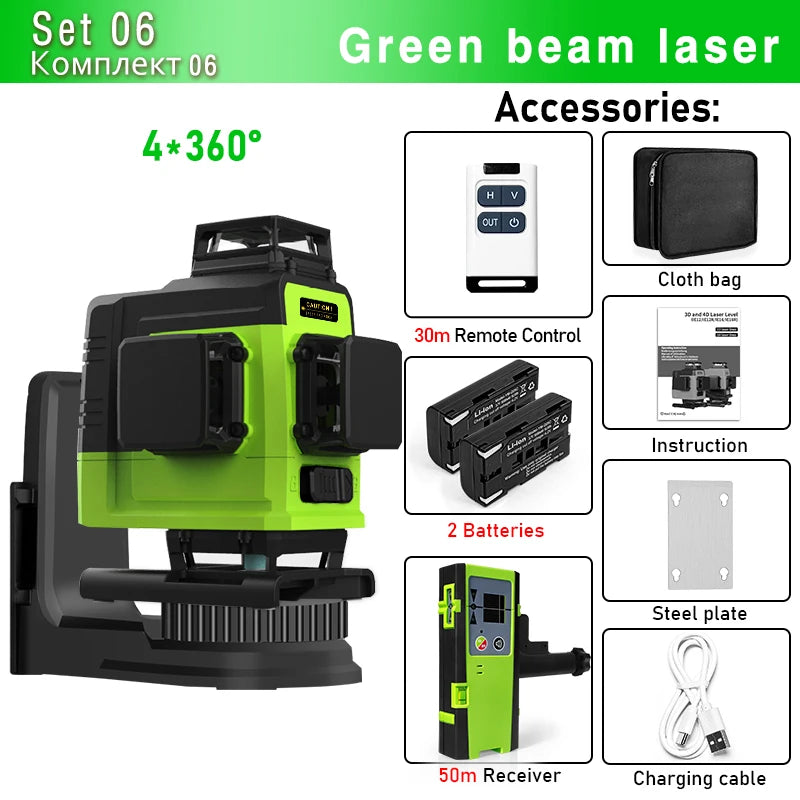 Self-Leveling 4D Green Laser Level by CLUBIONA - 16 Lines, Pulse Mode, 5000mAh Battery, w/Remote