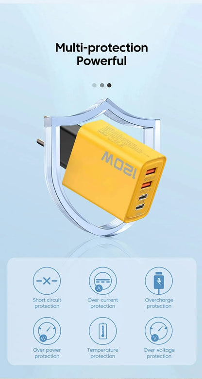 Cargador USB de pared con 4 puertos (1x USB-C PD, 3x USB-A QC 3.0) para teléfonos y dispositivos electrónicos