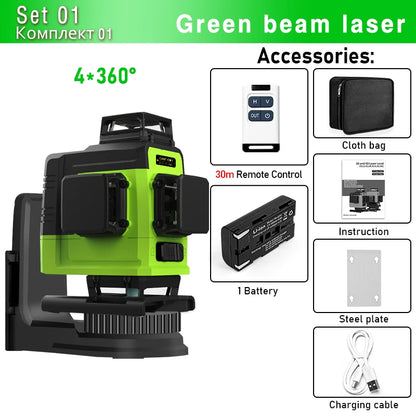 Self-Leveling 4D Green Laser Level by CLUBIONA - 16 Lines, Pulse Mode, 5000mAh Battery, w/Remote