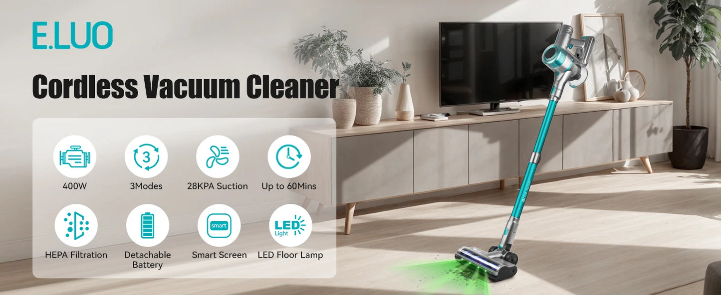 Lightweight E.LUO Cordless Vacuum with Powerful Suction & Dust Sensor - 60 Min Runtime, Perfect for Home, Pets & Auto