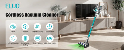 Lightweight E.LUO Cordless Vacuum with Powerful Suction & Dust Sensor - 60 Min Runtime, Perfect for Home, Pets & Auto