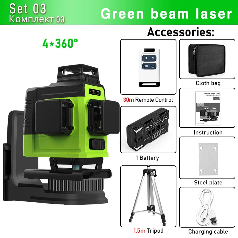 Self-Leveling 4D Green Laser Level by CLUBIONA - 16 Lines, Pulse Mode, 5000mAh Battery, w/Remote