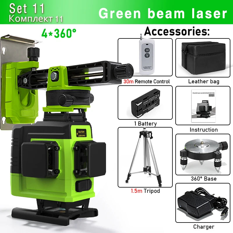Self-Leveling 4D Green Laser Level by CLUBIONA - 16 Lines, Pulse Mode, 5000mAh Battery, w/Remote