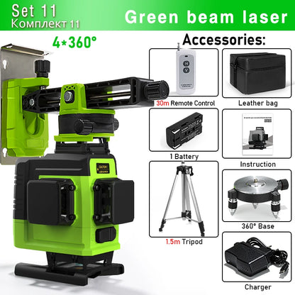Self-Leveling 4D Green Laser Level by CLUBIONA - 16 Lines, Pulse Mode, 5000mAh Battery, w/Remote