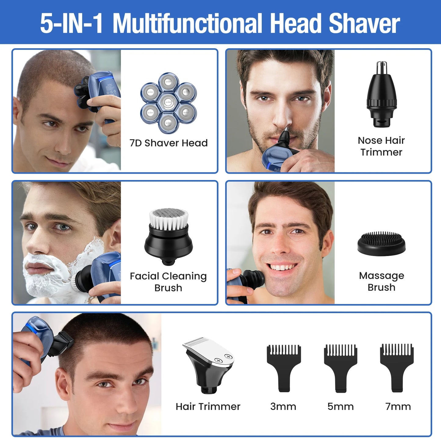 Bald Head Shaver Electric Razor, 5-in-1 Beard Trimmer Kit, Waterproof Mens Shaver