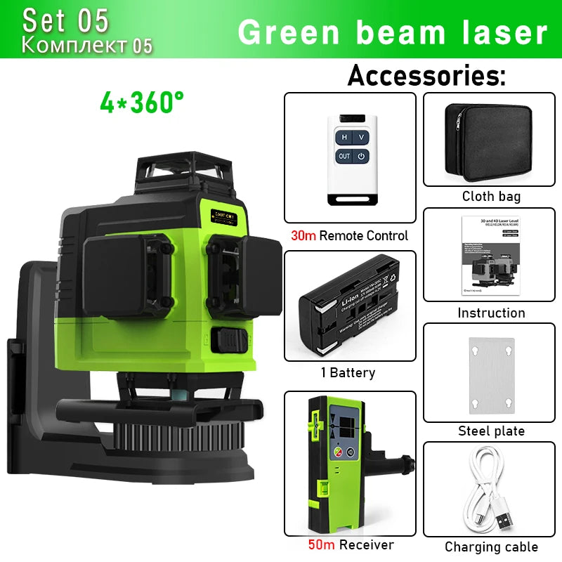 Self-Leveling 4D Green Laser Level by CLUBIONA - 16 Lines, Pulse Mode, 5000mAh Battery, w/Remote
