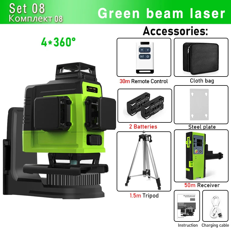Self-Leveling 4D Green Laser Level by CLUBIONA - 16 Lines, Pulse Mode, 5000mAh Battery, w/Remote