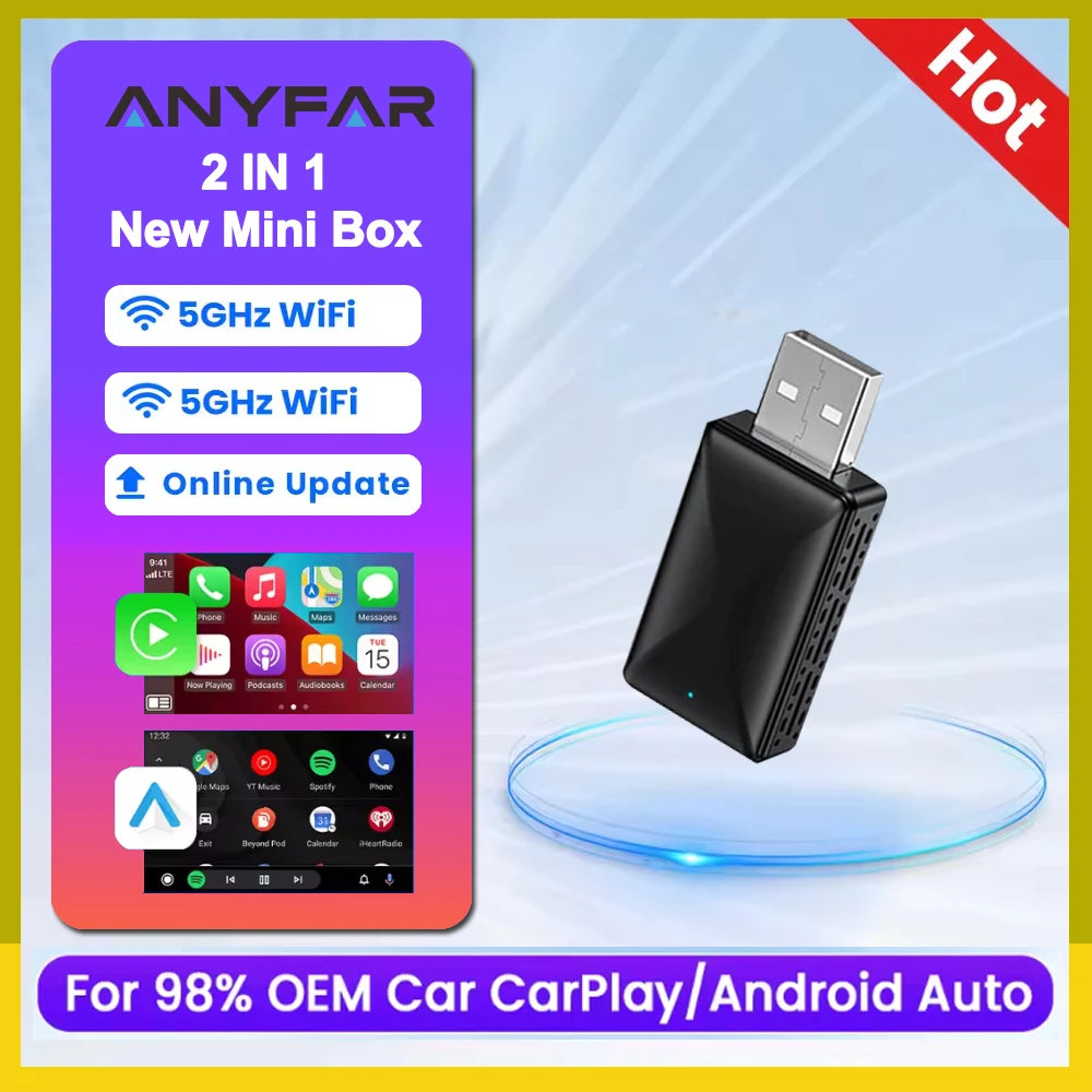 Adaptador Inalámbrico CarPlay y Android Auto Mini AI Box USB Plug and Play para Radio de Automóvil