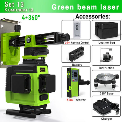 Self-Leveling 4D Green Laser Level by CLUBIONA - 16 Lines, Pulse Mode, 5000mAh Battery, w/Remote