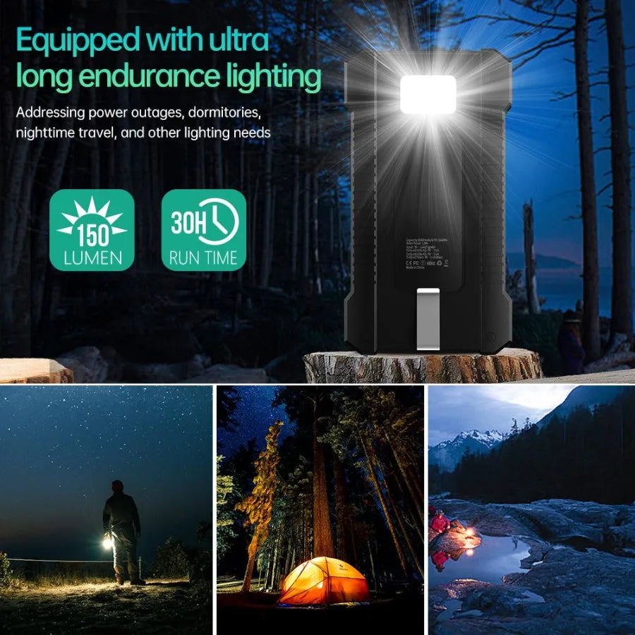 Compact Solar Power Bank Charger - 8000mAh Portable Battery with LED Light