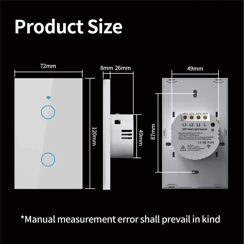 Interruptor de Pared Inteligente WiFi RF433 con Sensor Táctil para Luz LED, Sin Cable Neutro, Compatible con Alexa y Google Home