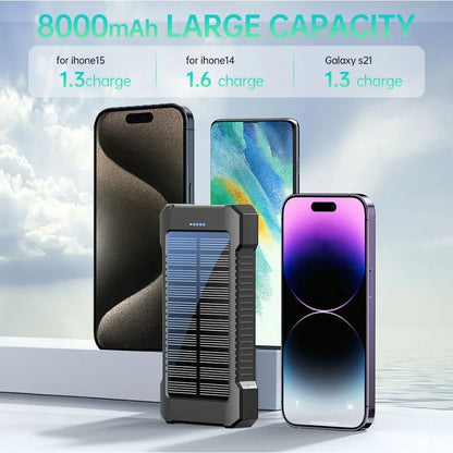 Compact Solar Power Bank Charger - 8000mAh Portable Battery with LED Light