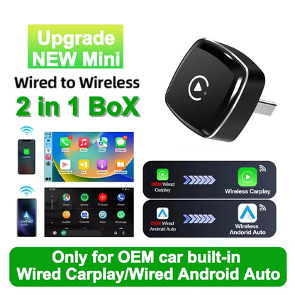Adaptador Inalámbrico CarPlay y Android Auto Mini AI Box USB Plug and Play para Radio de Automóvil