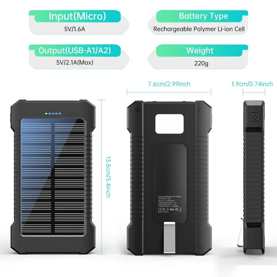 Compact Solar Power Bank Charger - 8000mAh Portable Battery with LED Light