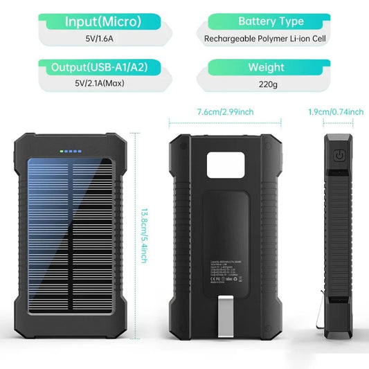 Compact Solar Power Bank Charger - 8000mAh Portable Battery with LED Light