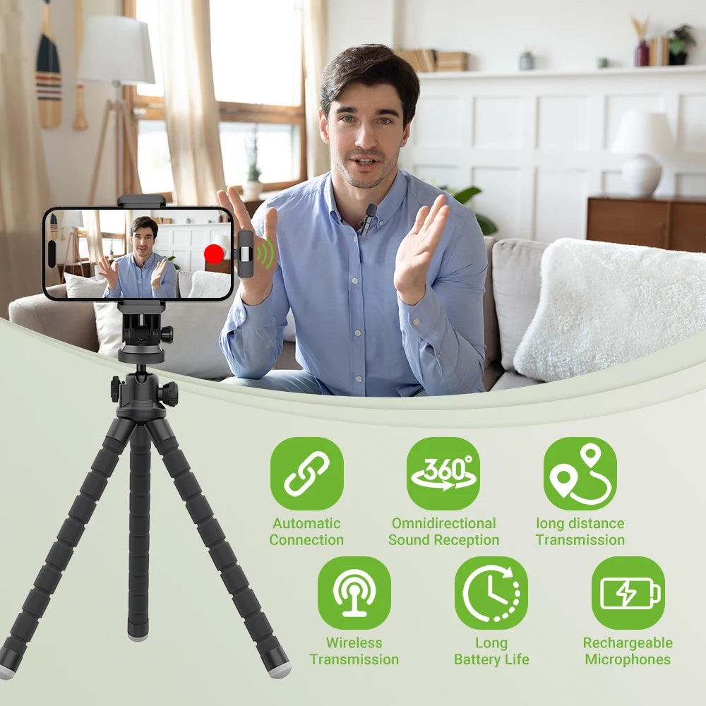 Micrófono Lavalier Inalámbrico 2.4G para Grabación de Audio y Video Compatible con iPhone y Android