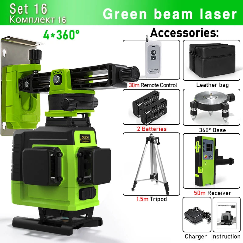Self-Leveling 4D Green Laser Level by CLUBIONA - 16 Lines, Pulse Mode, 5000mAh Battery, w/Remote