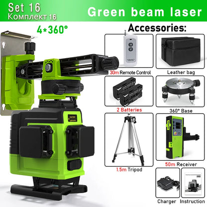 Self-Leveling 4D Green Laser Level by CLUBIONA - 16 Lines, Pulse Mode, 5000mAh Battery, w/Remote