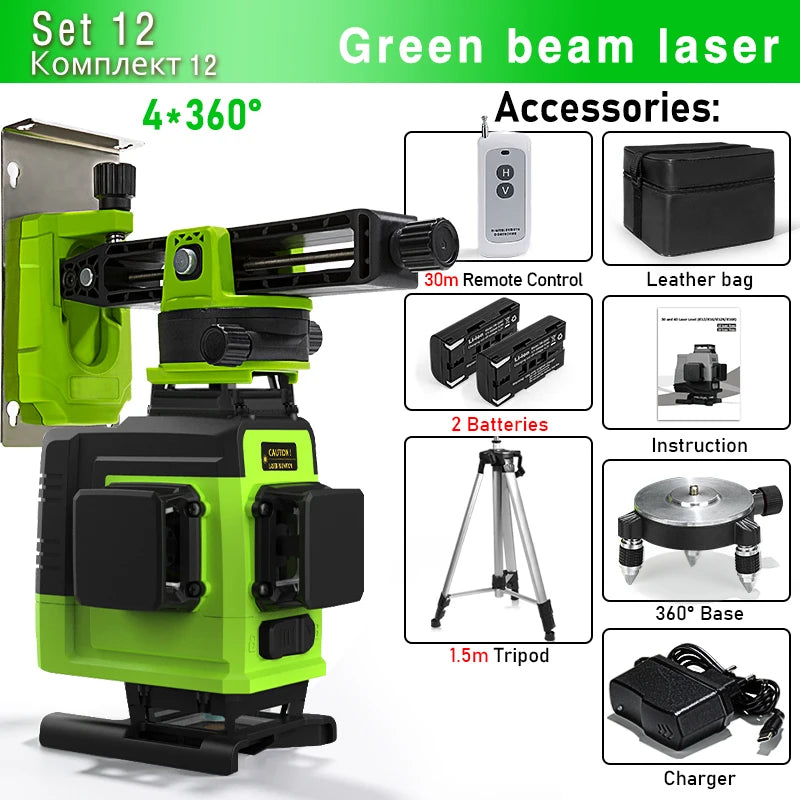 Self-Leveling 4D Green Laser Level by CLUBIONA - 16 Lines, Pulse Mode, 5000mAh Battery, w/Remote