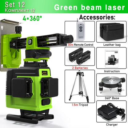 Self-Leveling 4D Green Laser Level by CLUBIONA - 16 Lines, Pulse Mode, 5000mAh Battery, w/Remote