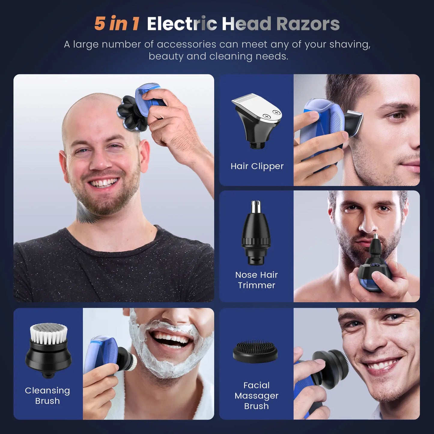 Bald Head Shaver Electric Razor, 5-in-1 Beard Trimmer Kit, Waterproof Mens Shaver