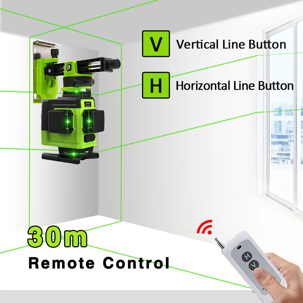 Self-Leveling 4D Green Laser Level by CLUBIONA - 16 Lines, Pulse Mode, 5000mAh Battery, w/Remote