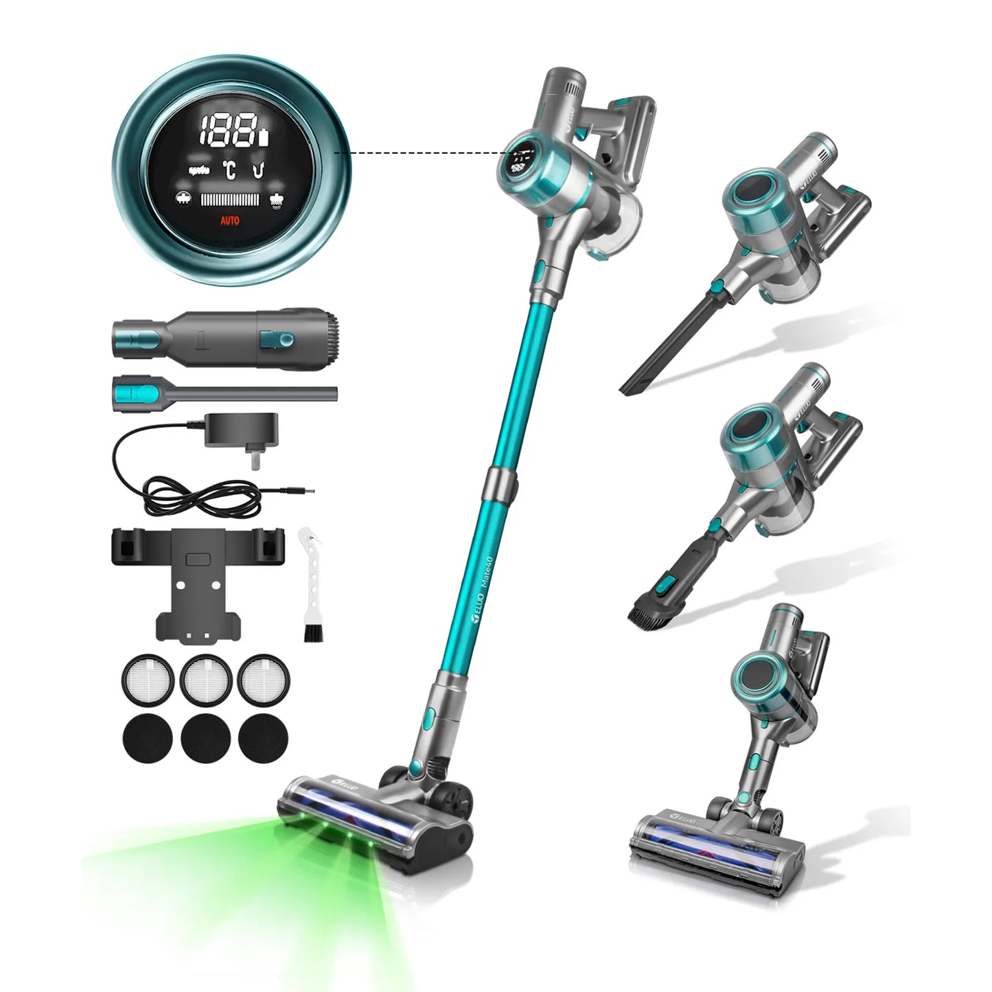 Lightweight E.LUO Cordless Vacuum with Powerful Suction & Dust Sensor - 60 Min Runtime, Perfect for Home, Pets & Auto
