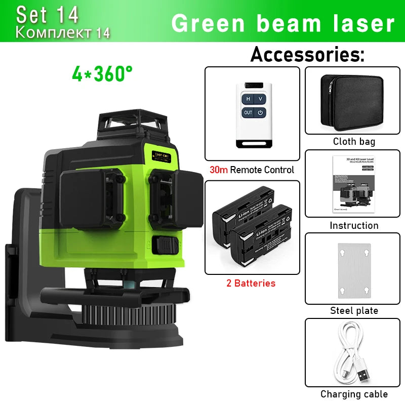 Self-Leveling 4D Green Laser Level by CLUBIONA - 16 Lines, Pulse Mode, 5000mAh Battery, w/Remote
