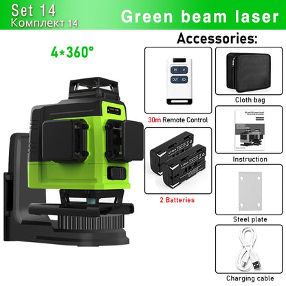 Self-Leveling 4D Green Laser Level by CLUBIONA - 16 Lines, Pulse Mode, 5000mAh Battery, w/Remote