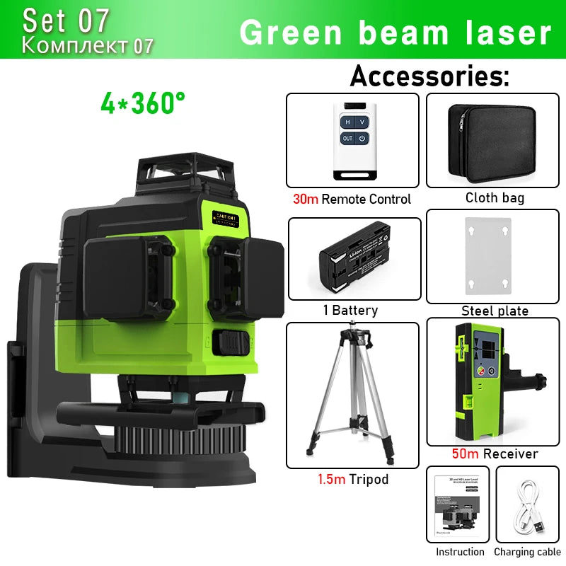 Self-Leveling 4D Green Laser Level by CLUBIONA - 16 Lines, Pulse Mode, 5000mAh Battery, w/Remote