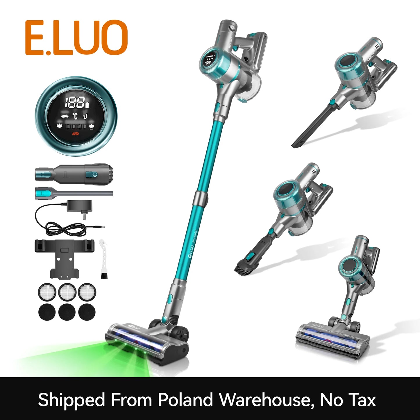 Lightweight E.LUO Cordless Vacuum with Powerful Suction & Dust Sensor - 60 Min Runtime, Perfect for Home, Pets & Auto