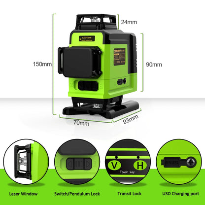 Self-Leveling 4D Green Laser Level by CLUBIONA - 16 Lines, Pulse Mode, 5000mAh Battery, w/Remote