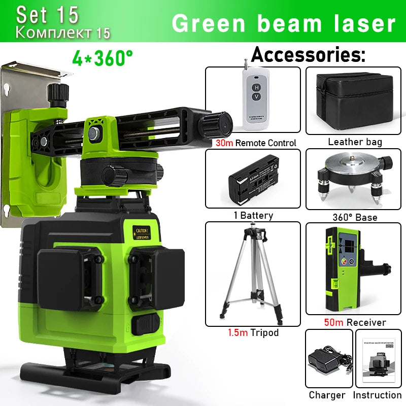 Self-Leveling 4D Green Laser Level by CLUBIONA - 16 Lines, Pulse Mode, 5000mAh Battery, w/Remote