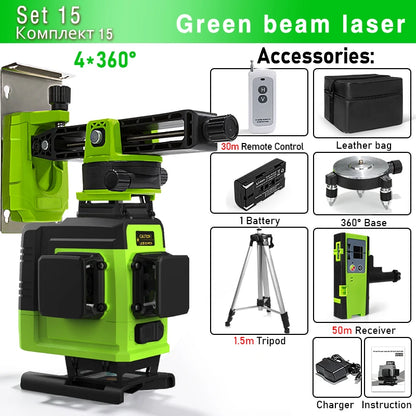 Self-Leveling 4D Green Laser Level by CLUBIONA - 16 Lines, Pulse Mode, 5000mAh Battery, w/Remote