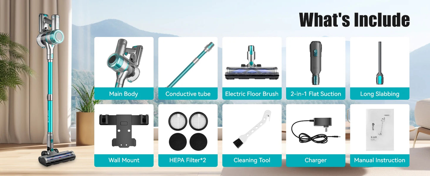 Lightweight E.LUO Cordless Vacuum with Powerful Suction & Dust Sensor - 60 Min Runtime, Perfect for Home, Pets & Auto
